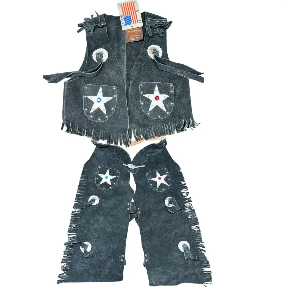 Vintage Deadstock Western Leather Set Craighead Co Kids Small Chaps Vest Cowboy